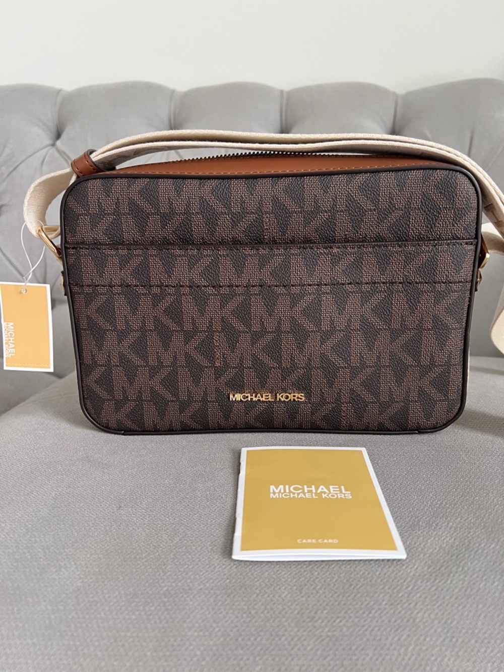 Michael Kors Brown Logo Canvas Crossbody Bag with Branded Cream Strap - Picture 4 of 17